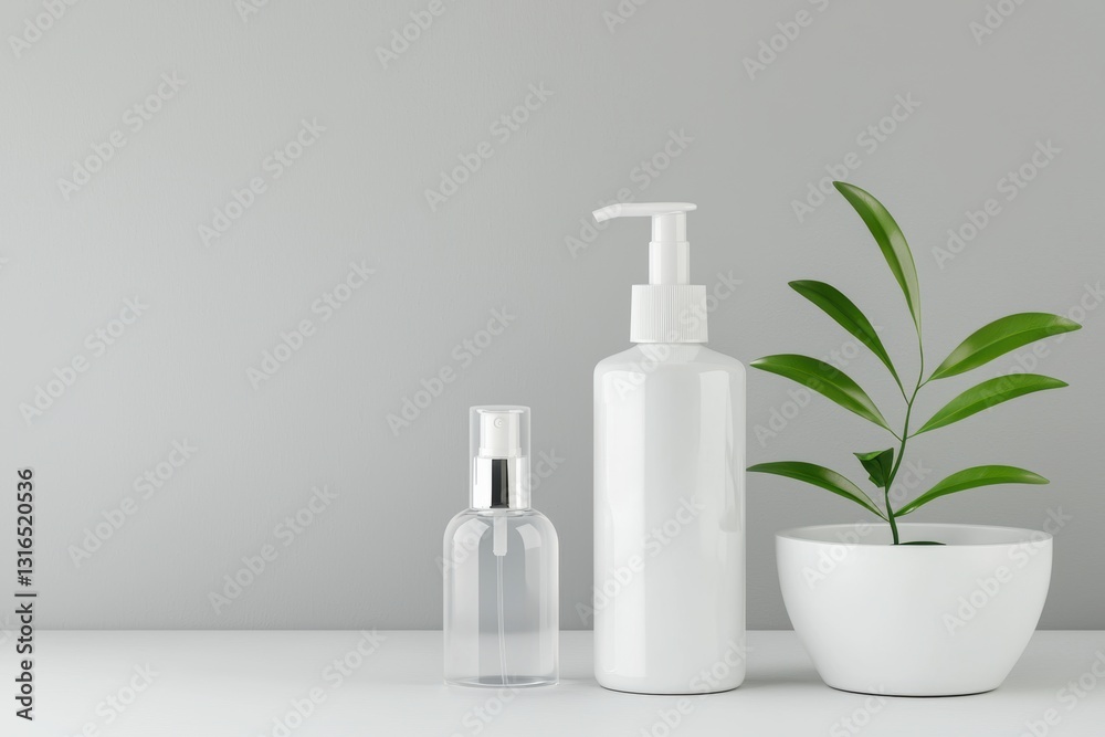 A Minimalist skincare setup featuring clear spray bottle, white pump bottle, and potted plant against soft gray background, creating serene and fresh atmosphere