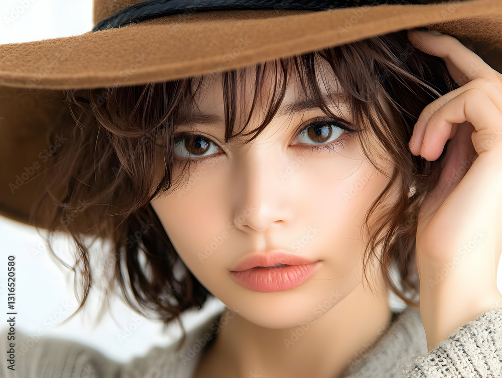 Close-up Portrait of a Woman with Brown Hair Wearing a Brown Hat, Her Hand Gently Touching Her Hair, a Soft and Dreamy Aesthetic. Close-up Portrait of a Woman with Brown Hair Wearing a Brown Hat, Her Hand Gently Touching Her Hair, a Soft and Dreamy Aesthetic.