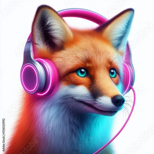 Fox immersed in music with neon headphones in artistic animal portrait