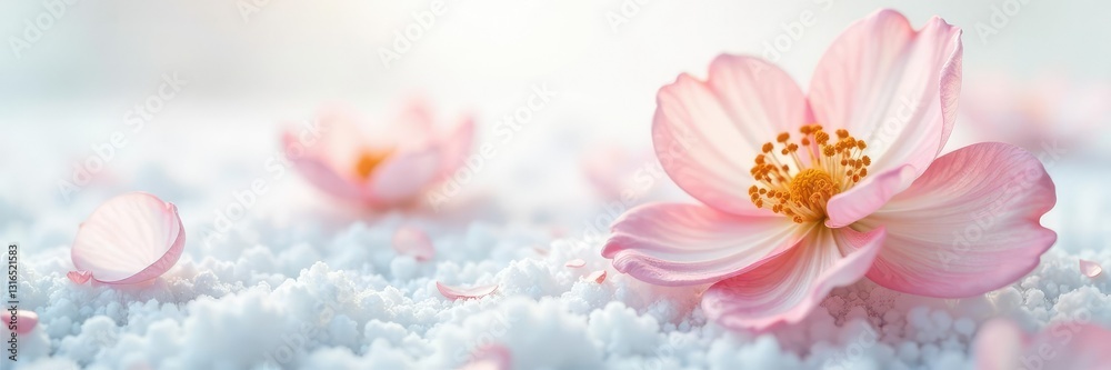 Delicate flower petals unfurl on a snow-white background, delicate, floral Delicate flower petals unfurl on a snow-white background, delicate, floral