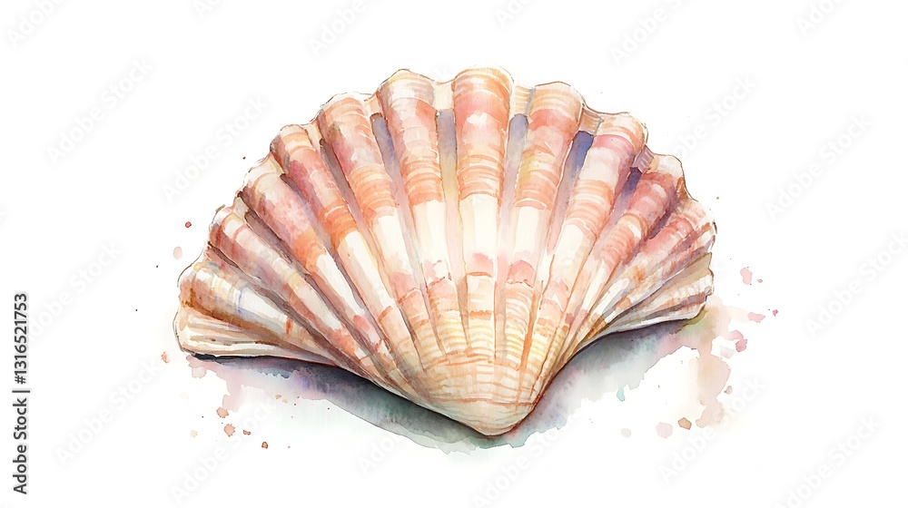 Obraz premium A beautifully painted watercolor illustration of a clam shell, showcasing its delicate colors and textures, perfect for art enthusiasts and marine lovers.