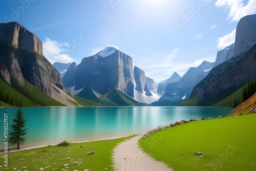 lake and mountains with green grass pathway