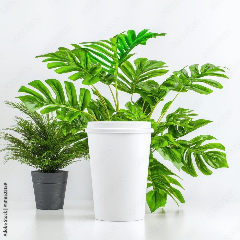 Obraz premium A large white planter with tropical green leaves and smaller black pot with fern, creating fresh and vibrant indoor atmosphere