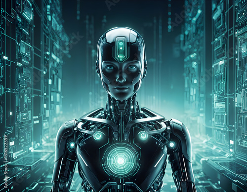 Futuristic scene with a glowing, humanoid AI figure seamlessly blending into a high-tech environment. Concept of Artificial Intelligence. Digital illustration. CG Artwork Background
