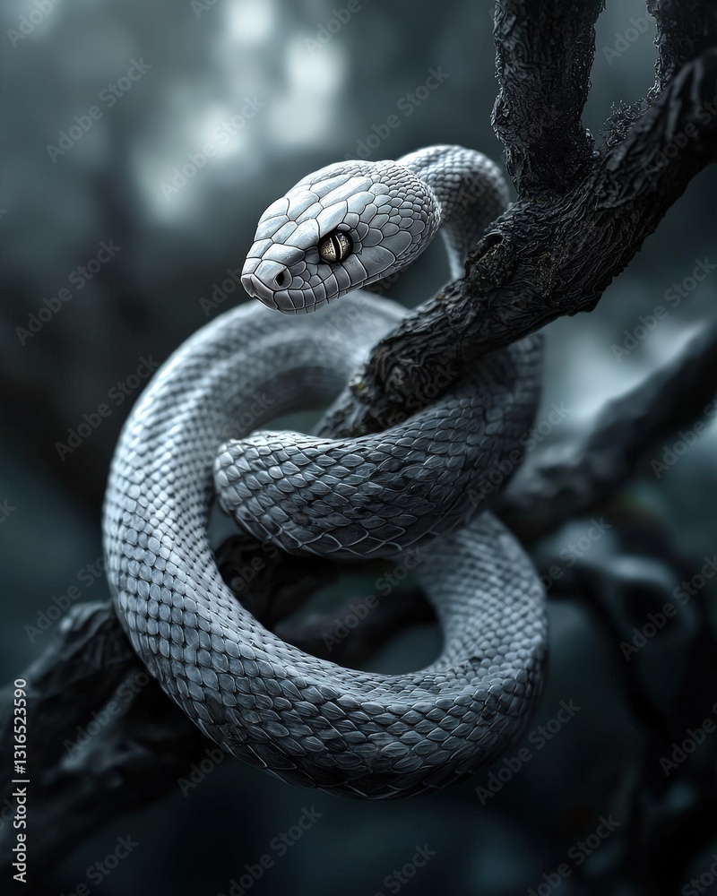 Fototapeta premium A snake coiled on a tree branch, with its scales glinting in soft jungle light