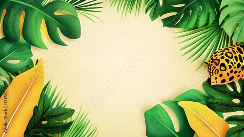 Tropical Leaves Frame with Jaguar Spot Pattern and Beige Background