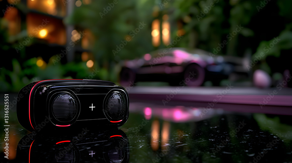 A black speaker on reflective surface near a car at night