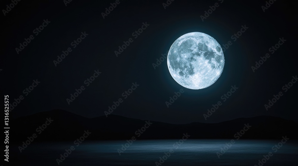 Night Sky with Full Moon Illuminating Calm Waters and Silhouetted Mountains in a Serene Landscape Night Sky with Full Moon Illuminating Calm Waters and Silhouetted Mountains in a Serene Landscape