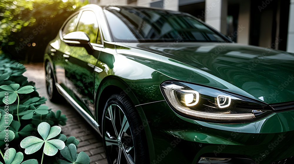 Green modern car parked in front of a building