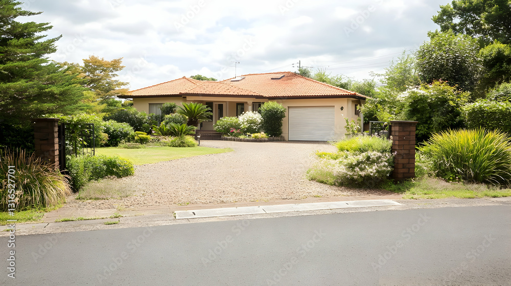 Suburban Ranch House with Red Tile Roof, Landscaped Yard, and Gravel Driveway Suburban Ranch House with Red Tile Roof, Landscaped Yard, and Gravel Driveway