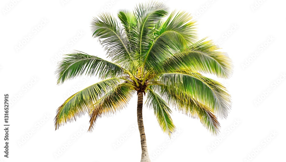 Fototapeta premium Lush Green Coconut Palm Tree Isolated on White Background, Tropical Summer Vacation