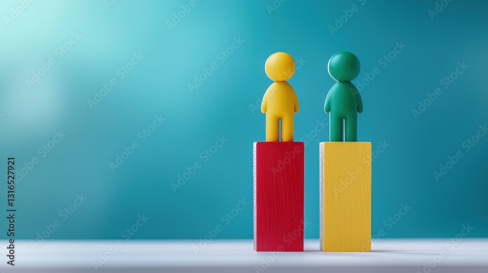 Two colorful figurines stand on blocks, symbolizing differences or competition, against a soft, blurred background. Two colorful figurines stand on blocks, symbolizing differences or competition, against a soft, blurred background.