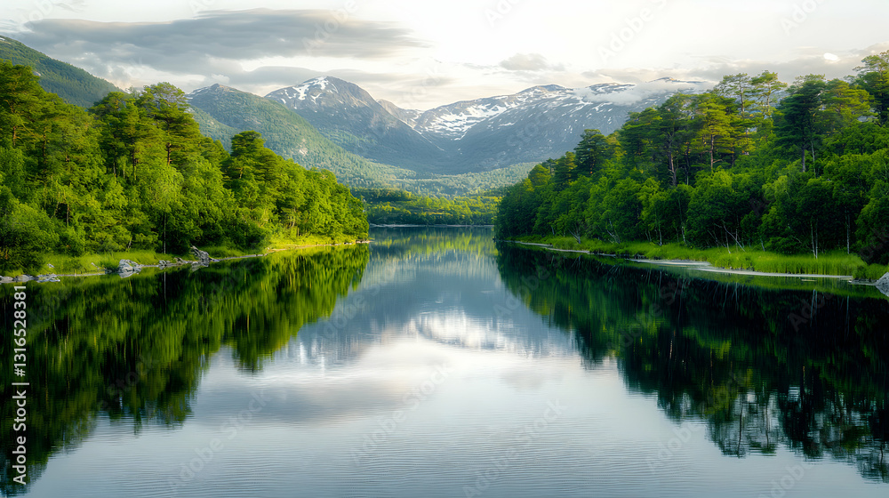 A tranquil lake reflects forested banks and mountain peaks in nature A tranquil lake reflects forested banks and mountain peaks in nature