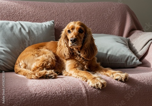 Golden cocker spaniel on pink couch with pillows