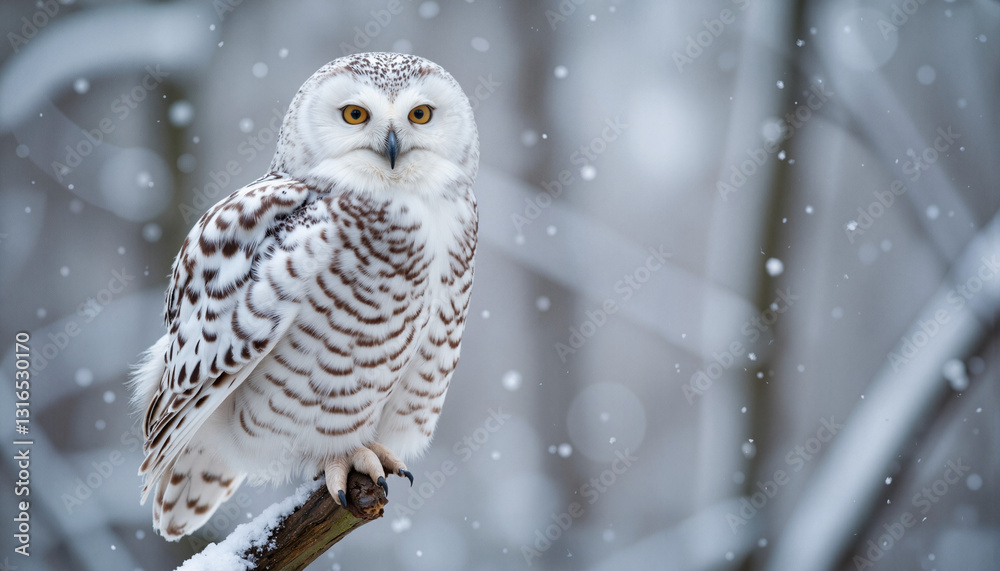 Snowy owl perched on ice-covered branch in snowy forest, winter serenity Snowy owl perched on ice-covered branch in snowy forest, winter serenity