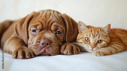 A serene Dogue de Bordeaux rests on a pristine white bed, head gently tilted left, inviting tranquility into the scene with its relaxed posture.  