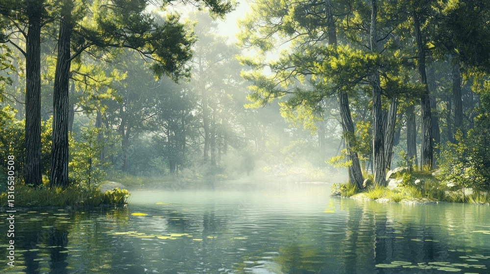 Sunlit forest river scene with misty morning.
