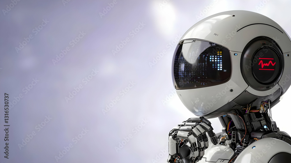 A futuristic robotic head contemplates with its mechanical hand A futuristic robotic head contemplates with its mechanical hand