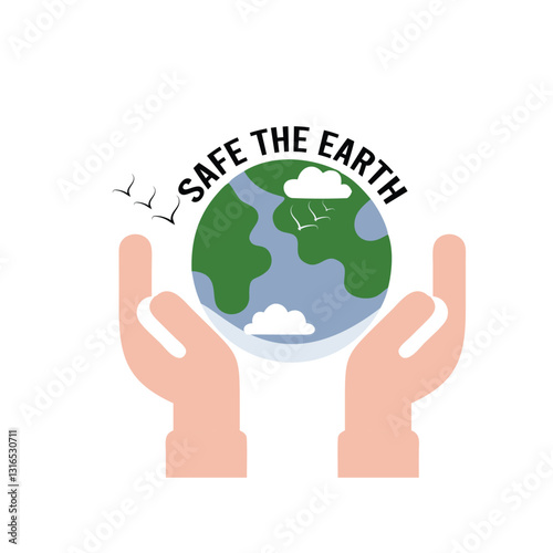 Save the Planet Icon – Vibrant Earth Held by Hands with Bold 'SAVE THE PLANET' Text, Blue Oceans, Green Landmasses, and Floating Clouds – Stylized Environmental Protection Design