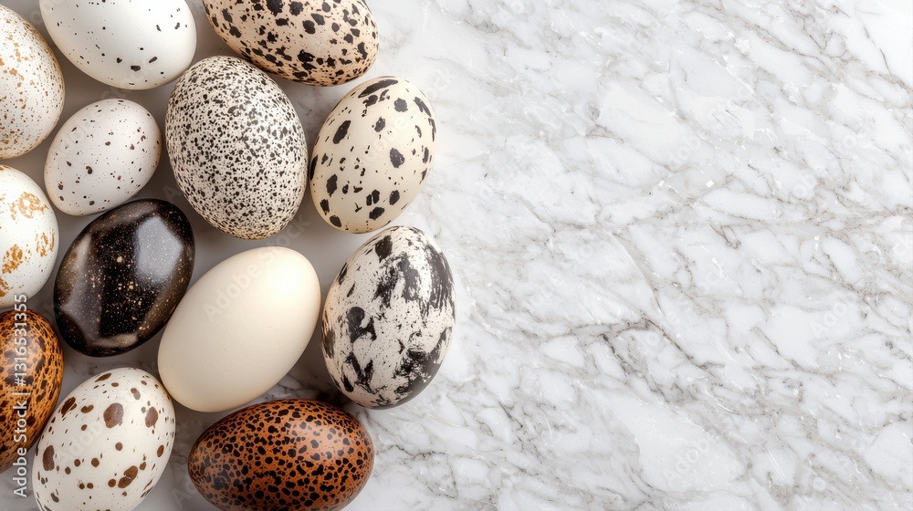 Obraz premium A collection of various eggs on a marble surface, showcasing unique colors and patterns.