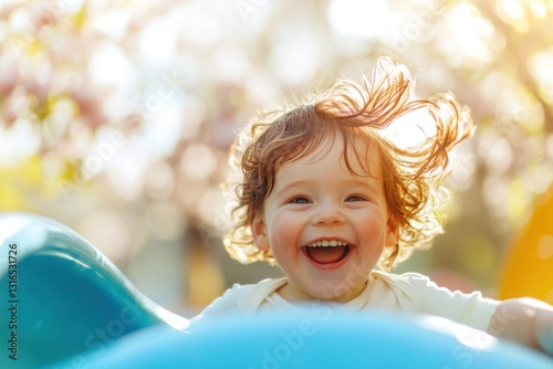 Joyful child sliding down bright blue slide under blooming magnolia trees filled with laughter and sunlight