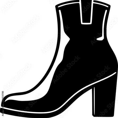 Monochrome black and white ankle boot illustration with detailed design and texture in minimalist style for fashion apparel and footwear concepts