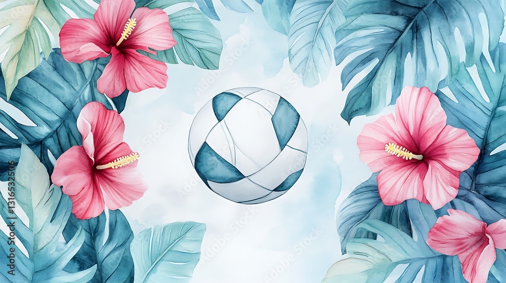 Naklejka premium A vibrant illustration of a volleyball surrounded by tropical flowers and leaves, evoking a relaxed, sunny beach atmosphere for leisure and fun.