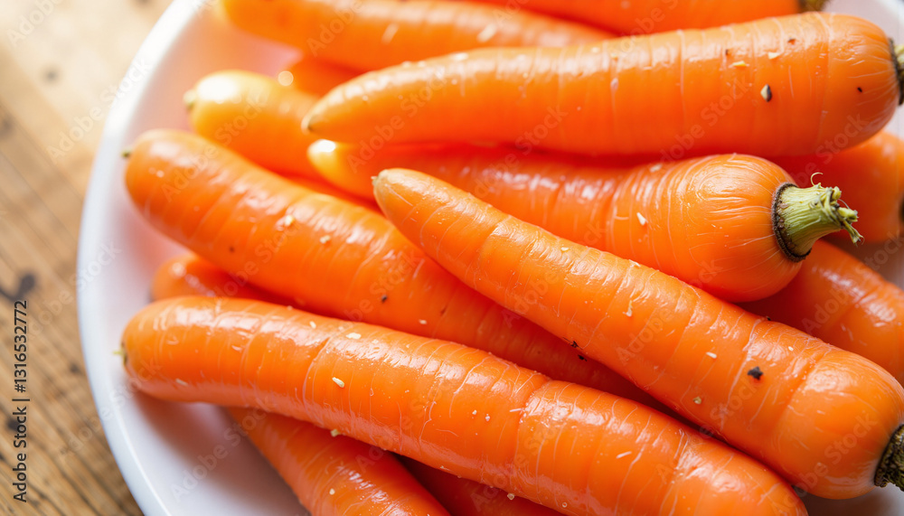 Freshly harvested carrots on white plate, vibrant color display Freshly harvested carrots on white plate, vibrant color display