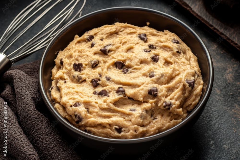 Fresh chocolate chip cookie dough in a round baking pan. Fresh chocolate chip cookie dough in a round baking pan.
