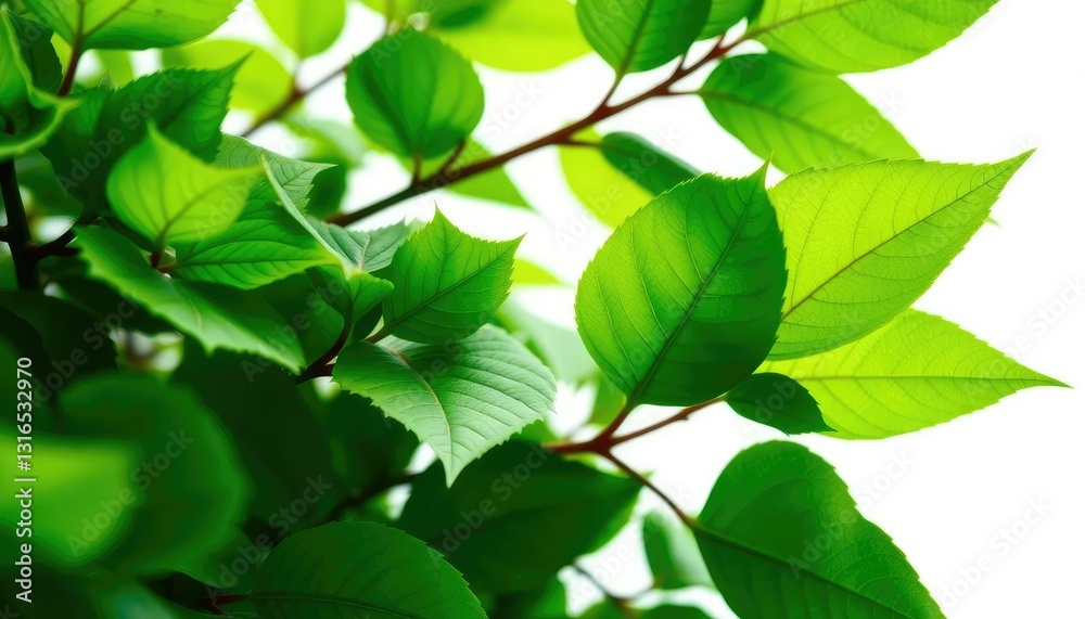 Obraz premium Vibrant green leaves, intricate details, crisp white backdrop, organic, macro