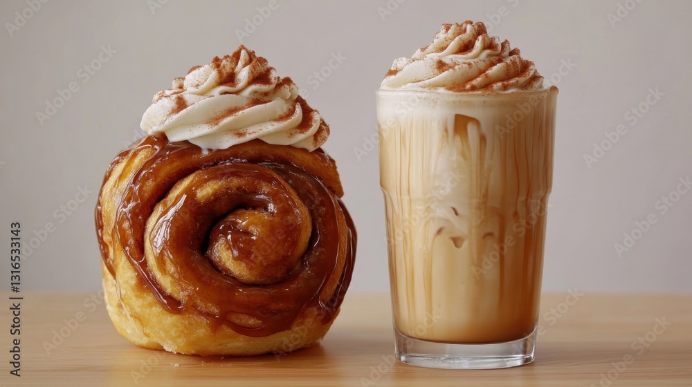 Fototapeta premium Delicious Cinnamon Roll and Iced Latte on Wooden Table