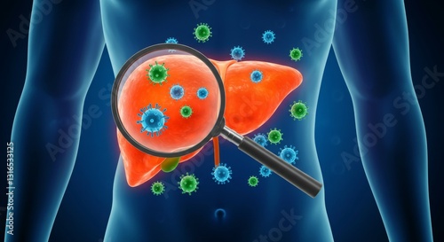 Illustration of a liver under magnification, highlighting viruses and pathogens.