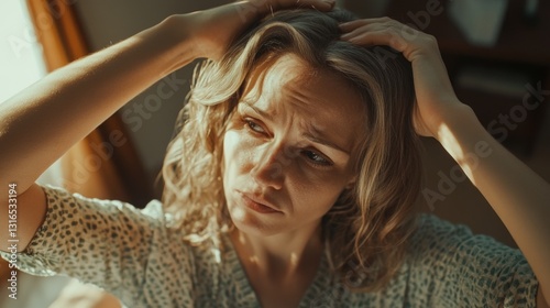 Emotional woman pressing her forehead with both hands, displaying worry or concern.