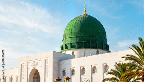 Majestic green dome of The Prophet’s Mosque under blue sky, architectural beauty
