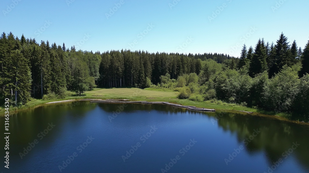 Serene forest lake reflecting nature's beauty under a clear sky in a tranquil setting Serene forest lake reflecting nature's beauty under a clear sky in a tranquil setting