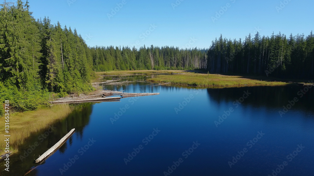 Serene lake viewing point surrounded by lush forest and clear blue skies at midday Serene lake viewing point surrounded by lush forest and clear blue skies at midday