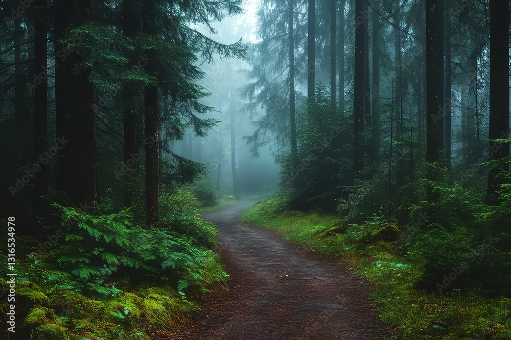 Fototapeta premium A misty path through towering evergreens, where nature's silence is only broken by rustling leaves.