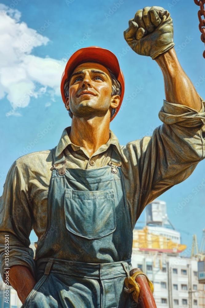 Obraz premium A man in a blue overalls is holding his hand up in the air. The man is wearing a red hat and a red shirt. The man is wearing a hard hat and a pair of gloves