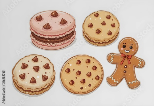different cookie designs including chocolate chip, colorful macarons, classic shortbread, and a gingerbread cookie, all in a charming, children's storybook illustration style.