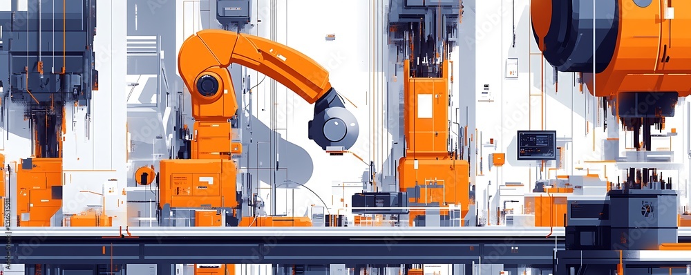Futuristic Robotic Factory Orange and Gray Industrial Automation System Artwork Futuristic Robotic Factory Orange and Gray Industrial Automation System Artwork