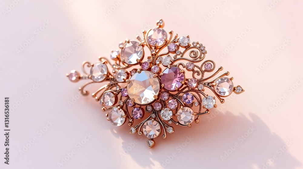 Fototapeta premium Brooch with gemstones in rose gold style in pink, purple, and clear colors for elegant jewelry