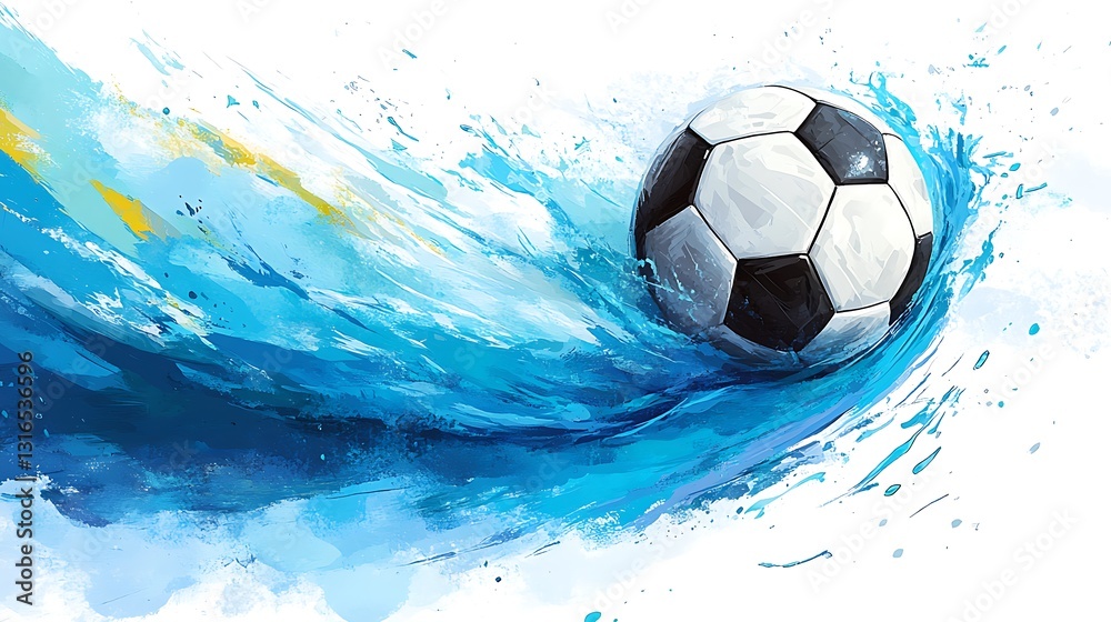 Fototapeta premium A dynamic and colorful splash representation of a soccer ball in motion, perfect for sports and athletic themes.