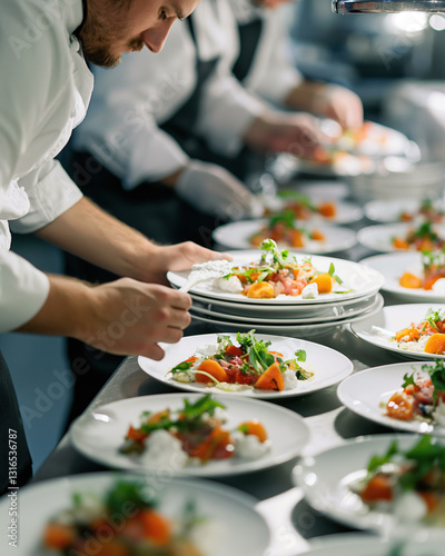 chef carefully plating gourmet dishes in a kitchen
