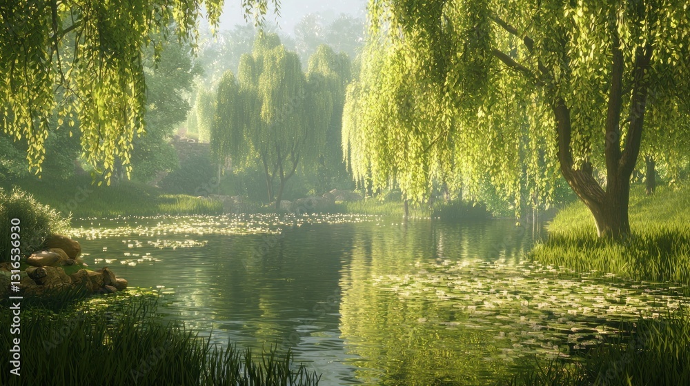 Fototapeta premium Sunlit pond in a willow tree grove.