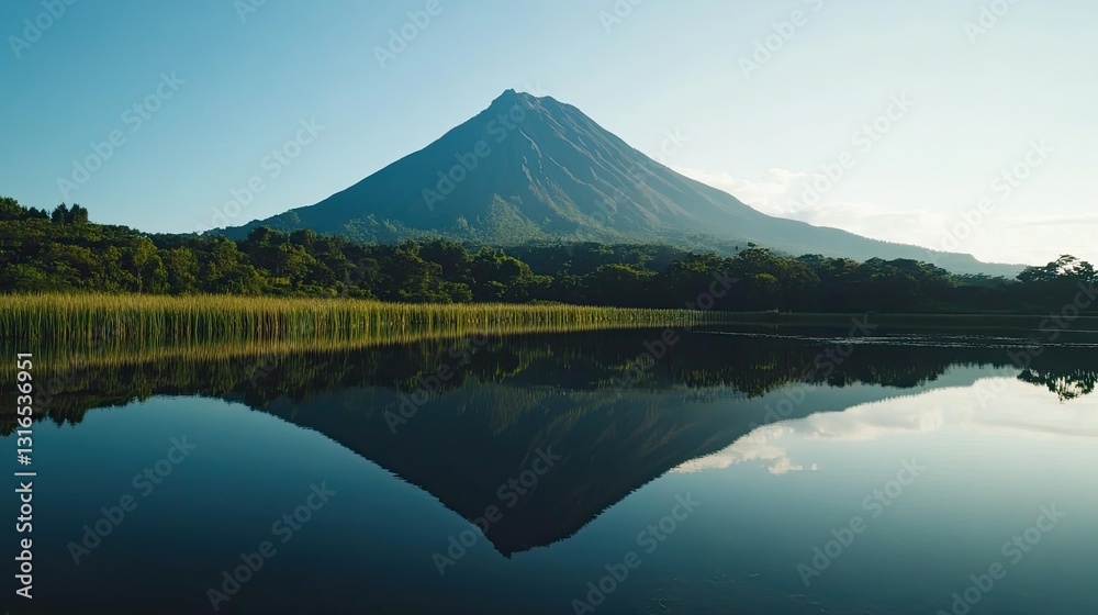 Majestic Volcano Reflected in Serene Lake Scenery Captured at Dawn Majestic Volcano Reflected in Serene Lake Scenery Captured at Dawn