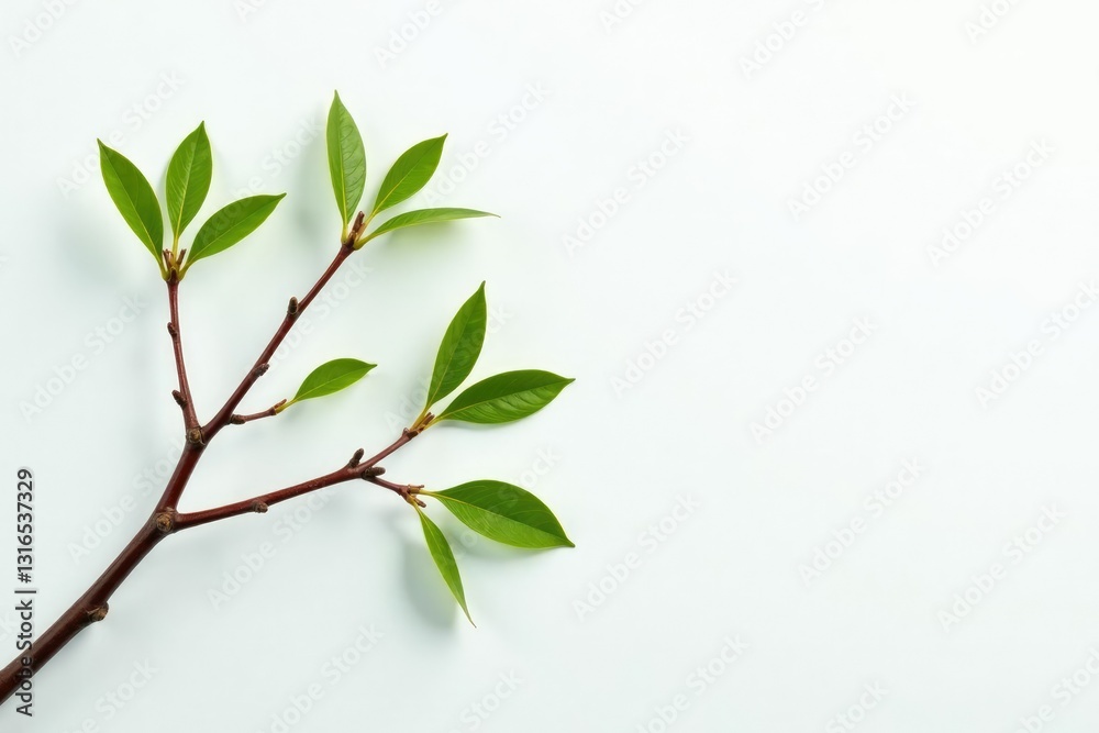 Obraz premium Delicate branches with slender leaves on a crisp white background, foliage, wood, twig