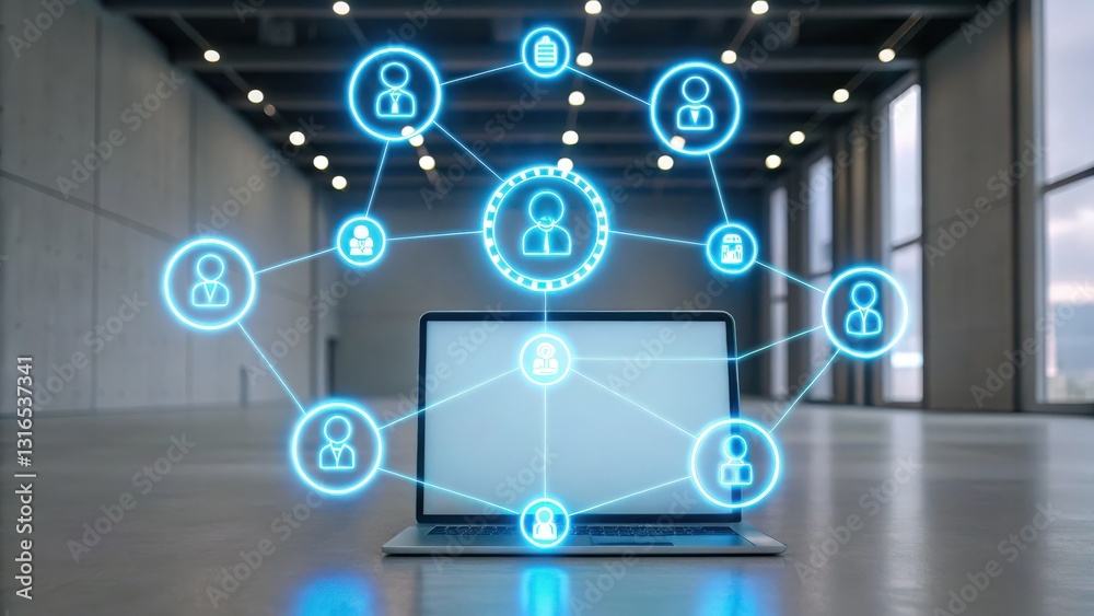 Laptop displaying a network of social media icons emphasizing automated marketing and ai-powered lead generation Laptop displaying a network of social media icons emphasizing automated marketing and ai-powered lead generation