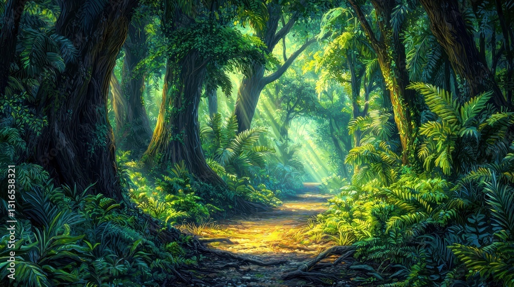 Sunlit path through lush green rainforest. Sunlit path through lush green rainforest.