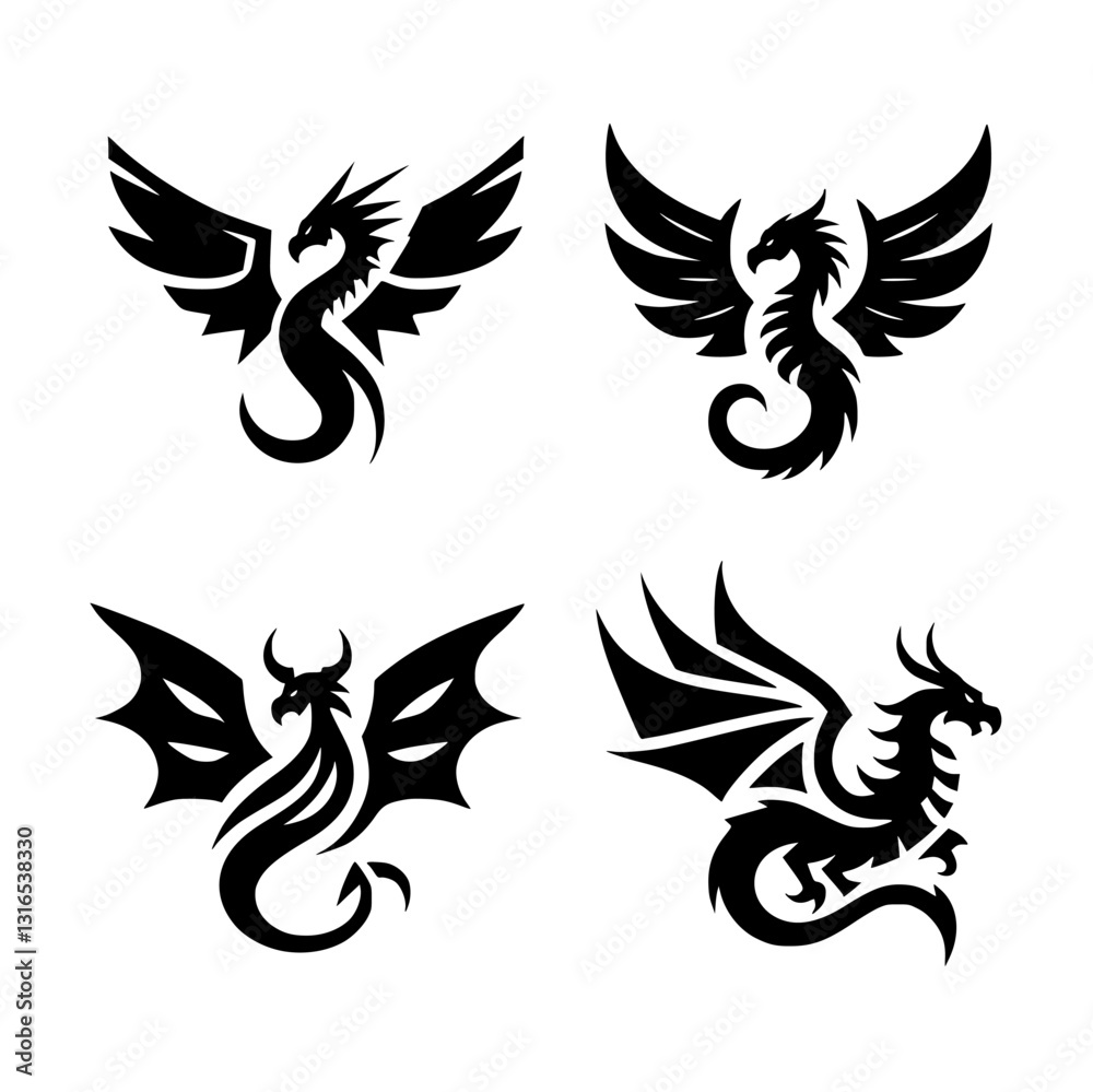 Fototapeta premium Variety of Black Dragon Logo Icons Showcasing Diverse Artistic Styles