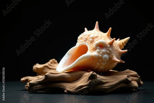 Driftwood base with conch shell elegance on black background, elegant, abstract